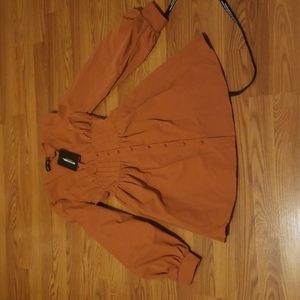 Terracotta Button Front Fitted Puff Sleeve Skater